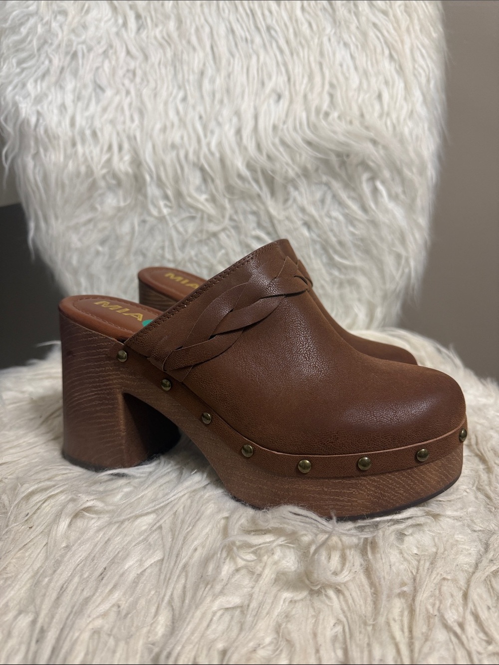 MIA Brown Braided Leather Platform Clogs